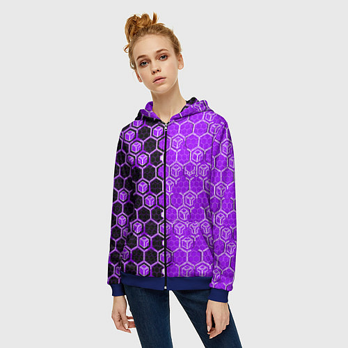 Женская толстовка на молнии Техно-киберпанк шестиугольники фиолетовый и чёрный / 3D-Синий – фото 3