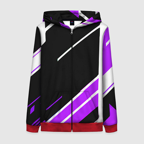 Женская толстовка на молнии Бело-фиолетовые полосы на чёрном фоне / 3D-Красный – фото 1