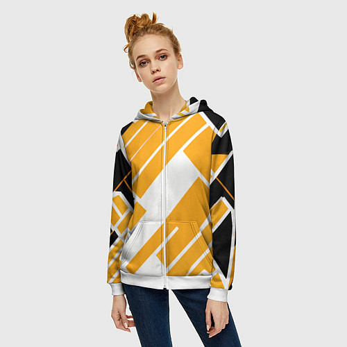 Женская толстовка на молнии Жёлтые широкие линии на белом фоне / 3D-Белый – фото 3