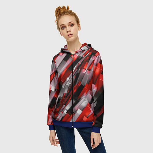 Женская толстовка на молнии Черно-красно-белые наклонные блоки / 3D-Синий – фото 3