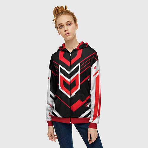Женская толстовка на молнии Полосы и красно-белый шестиугольник / 3D-Красный – фото 3