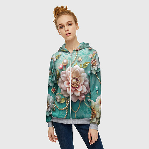 Женская толстовка на молнии Объемные цветы и жемчуг / 3D-Меланж – фото 3