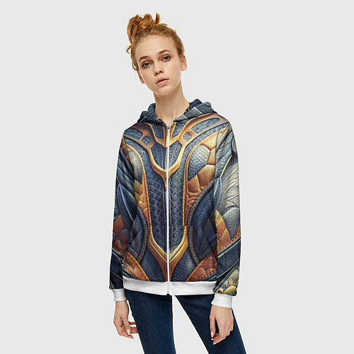 Женская толстовка на молнии Темная кожаная броня с желтой оплеткой / 3D-Белый – фото 3