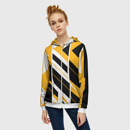 Женская толстовка на молнии Black and yellow stripes on a white background / 3D-Белый – фото 3