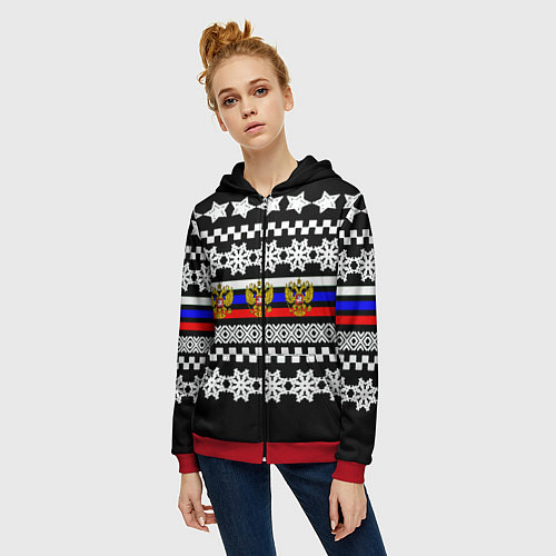Женская толстовка на молнии Rusiia winter pattern / 3D-Красный – фото 3