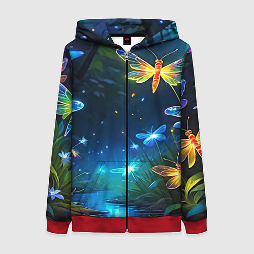 Женская толстовка на молнии Сказочный лес - бабочки / 3D-Красный – фото 1