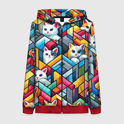 Толстовка на молнии женская Геометрический паттерн с котятами - нейросеть, цвет: 3D-красный
