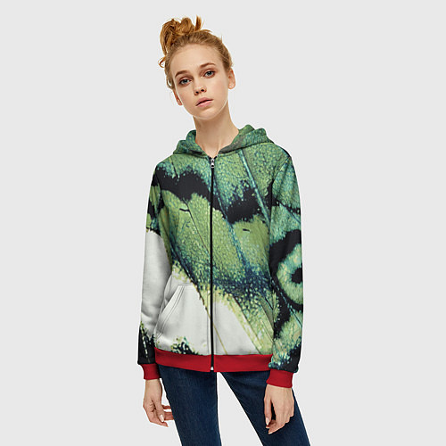 Женская толстовка на молнии Зелено-черные пятна на светлом / 3D-Красный – фото 3