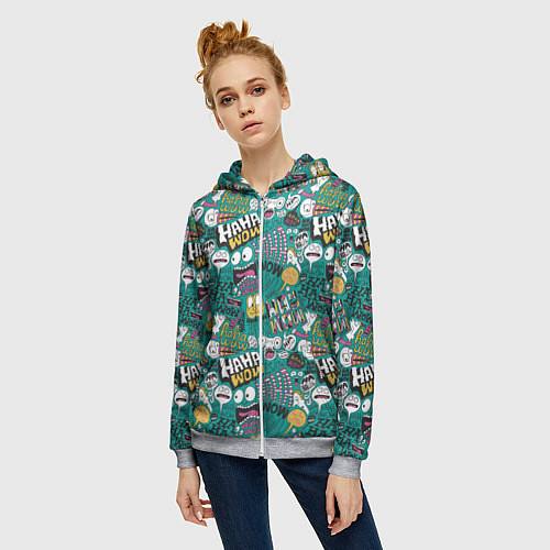 Женская толстовка на молнии Ха-ха ничего себе - паттерн с рожицами / 3D-Меланж – фото 3