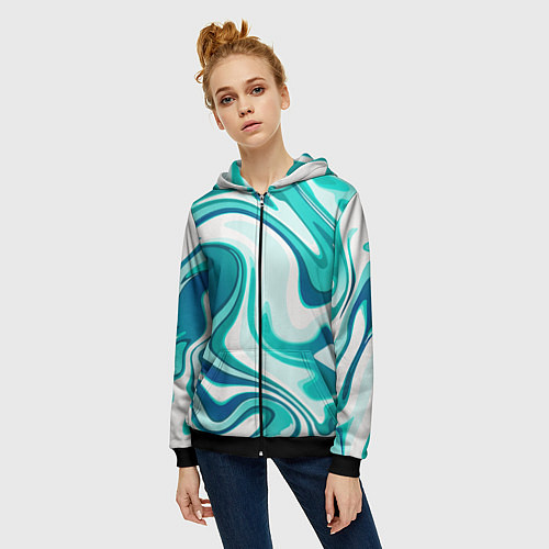Женская толстовка на молнии Кислотно синий белый мраморный фон / 3D-Черный – фото 3