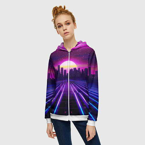 Женская толстовка на молнии Город на закате и неоновые полосы / 3D-Белый – фото 3