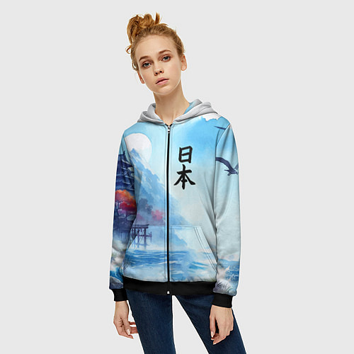 Женская толстовка на молнии Японский морской пейзаж - нейроарт / 3D-Черный – фото 3
