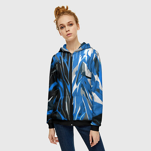 Женская толстовка на молнии Синяя абстракция на чёрно-белом фоне / 3D-Черный – фото 3