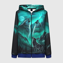 Женская толстовка на молнии Волки воют на луну и северное сияние