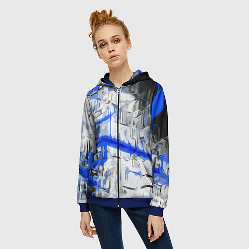 Женская толстовка на молнии Сине-белая абстракция на чёрном фоне / 3D-Синий – фото 3