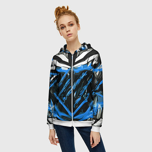 Женская толстовка на молнии Blue and white abstraction on a black background / 3D-Белый – фото 3