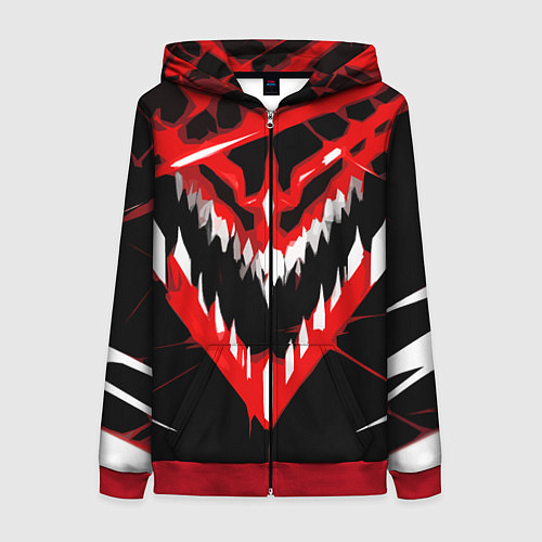 Женская толстовка на молнии Красно-белая пасть на чёрном фоне / 3D-Красный – фото 1