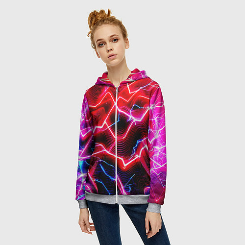Женская толстовка на молнии Неоновые космические разряды - нейроарт / 3D-Меланж – фото 3