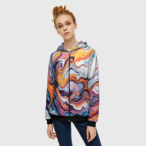 Женская толстовка на молнии Жидкие разноцветные краски / 3D-Черный – фото 3