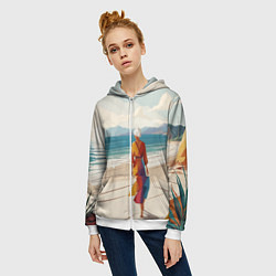 Толстовка на молнии женская Летний пейзаж с женщиной на пляже, цвет: 3D-белый — фото 2