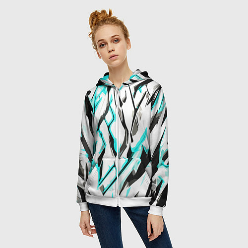 Женская толстовка на молнии Чёрно-голубые агрессивные полосы на белом фоне / 3D-Белый – фото 3
