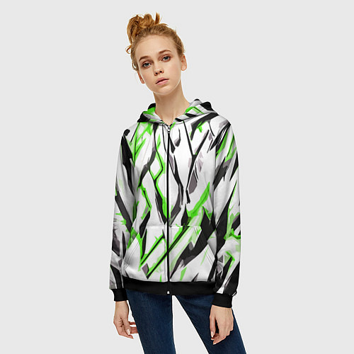 Женская толстовка на молнии Чёрно-зелёные агрессивные полосы на белом фоне / 3D-Черный – фото 3