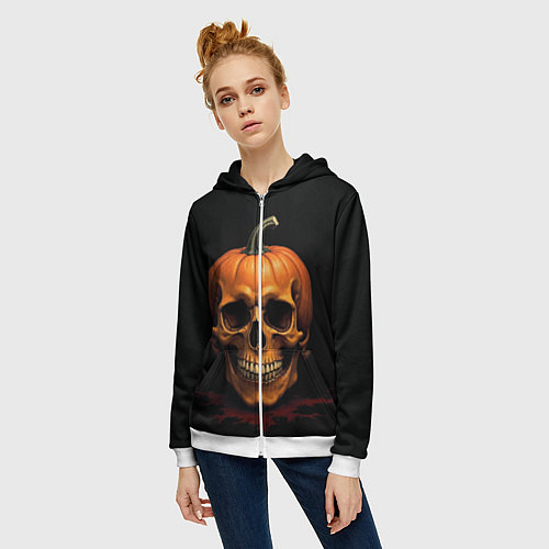 Женская толстовка на молнии Череп-тыква для Хэллоуина / 3D-Белый – фото 3