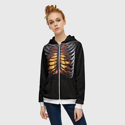 Женская толстовка на молнии Огонь в груди скелета - костюм на хэллоуин / 3D-Белый – фото 3