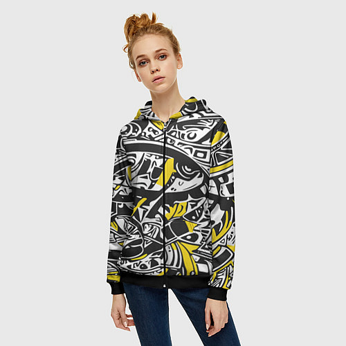 Женская толстовка на молнии Черно-желтый орнамент / 3D-Черный – фото 3