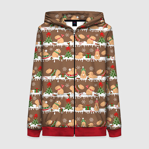 Женская толстовка на молнии Капибары на Новый год и Рождество зимой / 3D-Красный – фото 1