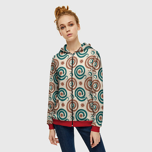 Женская толстовка на молнии Паттерн со змеями защищающими луну и солнце / 3D-Красный – фото 3