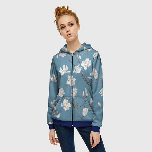 Женская толстовка на молнии Цветы акварелью ветки магнолии / 3D-Синий – фото 3