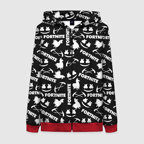 Женская толстовка на молнии Fortnite black pattern / 3D-Красный – фото 1
