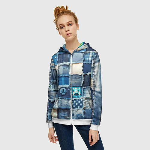Женская толстовка на молнии Minecraft на пэчворк дениме / 3D-Белый – фото 3