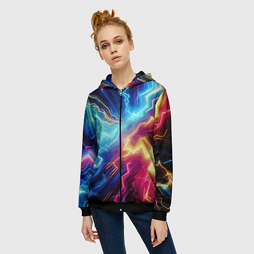 Женская толстовка на молнии Разряд неоновых молний - нейроарт / 3D-Черный – фото 3