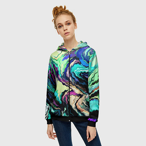 Женская толстовка на молнии Абстракция смесь красок сине-зелёный / 3D-Черный – фото 3