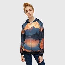 Толстовка на молнии женская Костер на берегу озера, цвет: 3D-черный — фото 2