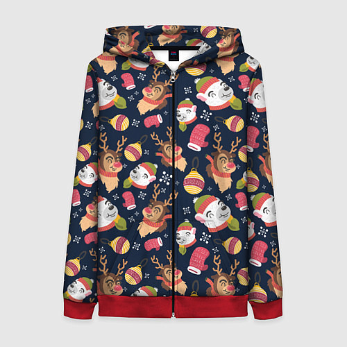 Женская толстовка на молнии Новогодний детский паттерн с животными / 3D-Красный – фото 1
