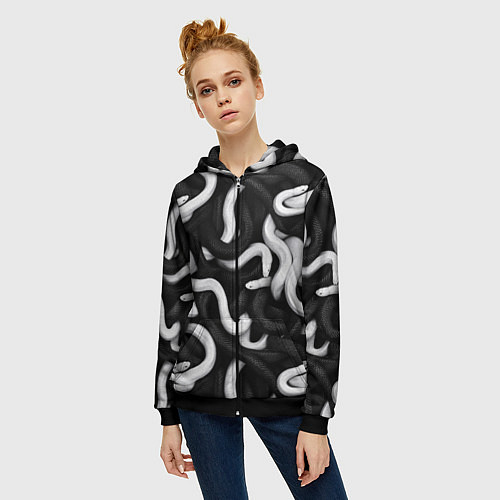 Женская толстовка на молнии Черные и белые змеи / 3D-Черный – фото 3
