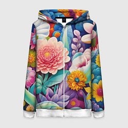 Толстовка на молнии женская Лето объемные цветы, цвет: 3D-белый