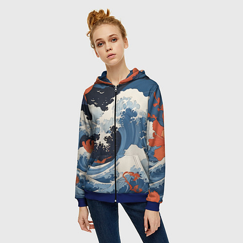 Женская толстовка на молнии Япония волны алые цветы / 3D-Синий – фото 3