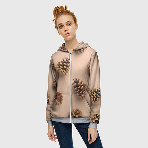 Женская толстовка на молнии Еловые шишки на бежевом фоне / 3D-Меланж – фото 3