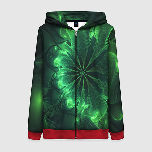 Женская толстовка на молнии Оптический зелёный фрактал / 3D-Красный – фото 1
