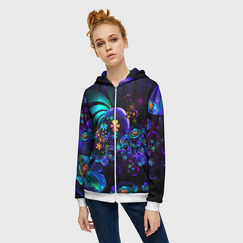 Женская толстовка на молнии Оптический фрактальный цветок / 3D-Белый – фото 3