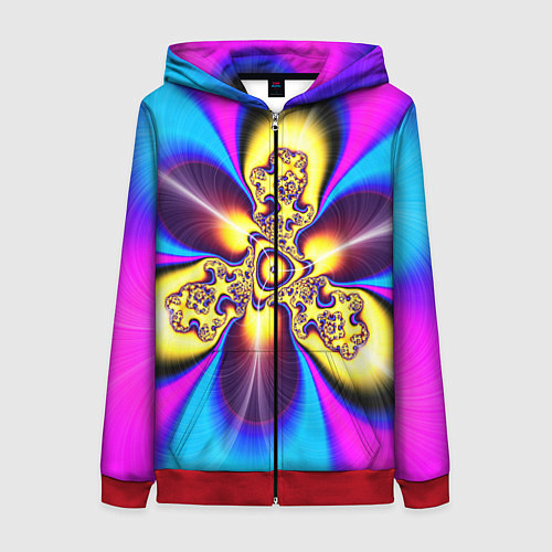 Женская толстовка на молнии Фрактальный неоновый узор абстракция / 3D-Красный – фото 1