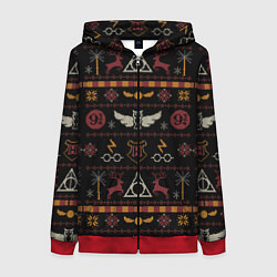 Толстовка на молнии женская Новогодний паттерн - Гарри Поттер, цвет: 3D-красный