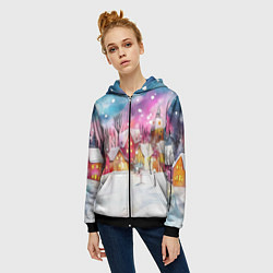 Толстовка на молнии женская Новогодний ночной дворик, цвет: 3D-черный — фото 2