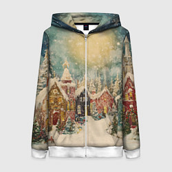 Толстовка на молнии женская Милый новогодний городок, цвет: 3D-белый