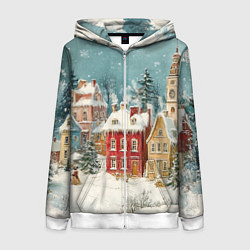 Толстовка на молнии женская Праздничный новогодний город, цвет: 3D-белый