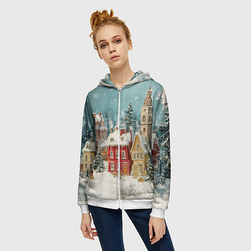 Женская толстовка на молнии Праздничный новогодний город / 3D-Белый – фото 3